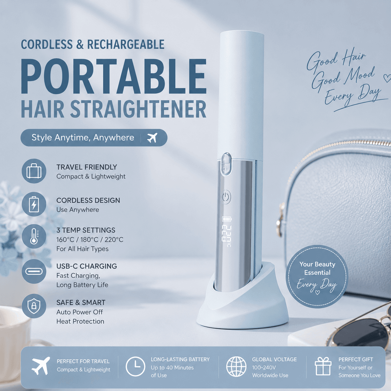 Blue Portable Cordless Hair Straightener Brush Rechargeable Mini Hair