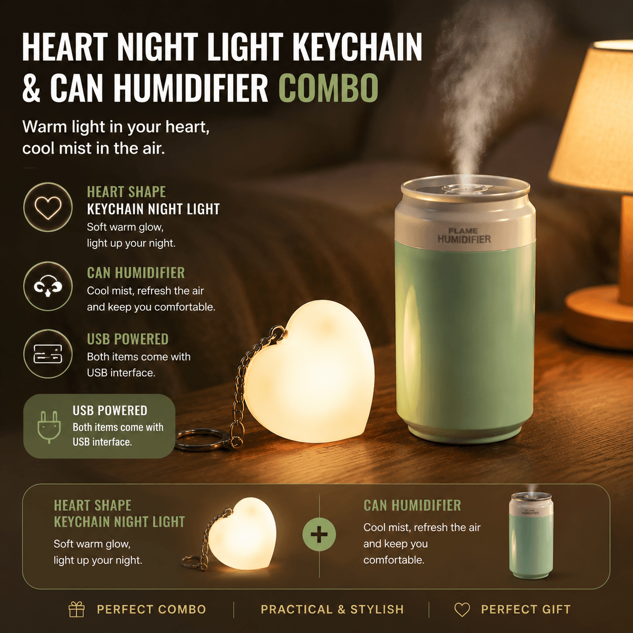 Heart Touch Sensor LED Keychain Light + Green Mini Can Humidifier