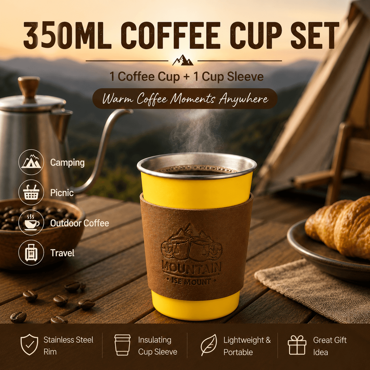 Yellow 304 Stainless Steel Camping Coffee Cup with Leather Sleeve - 350 ml