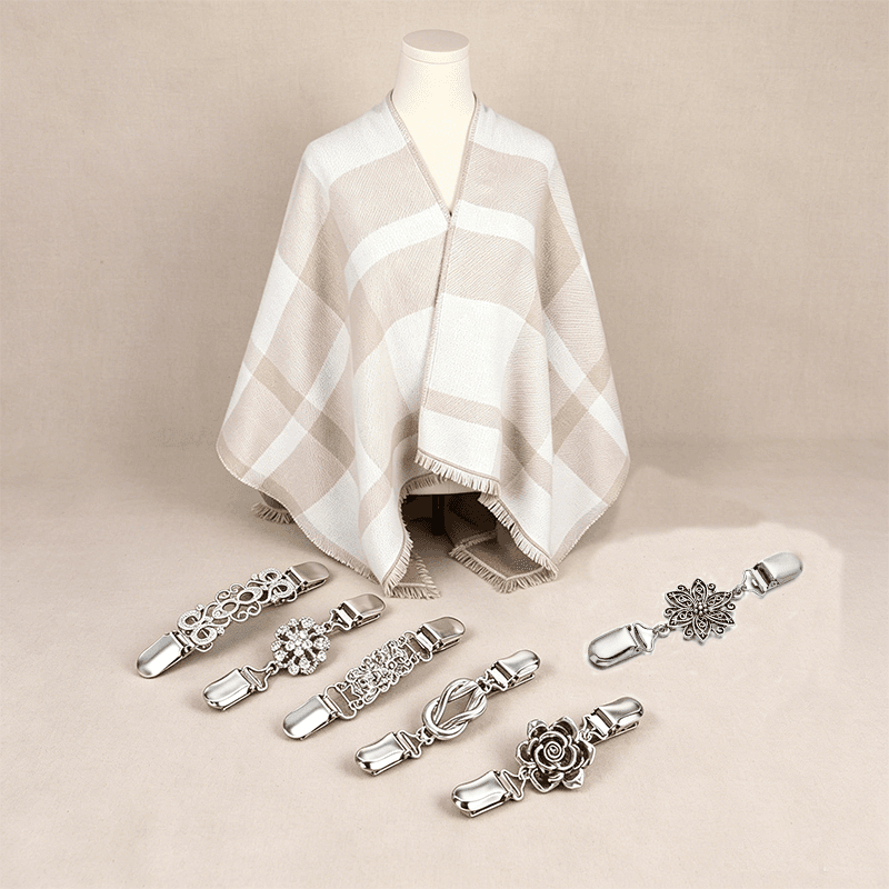 7-piece Women Reversible Plaid Poncho Shawl Set - Faux Cashmere Cape Wrap
