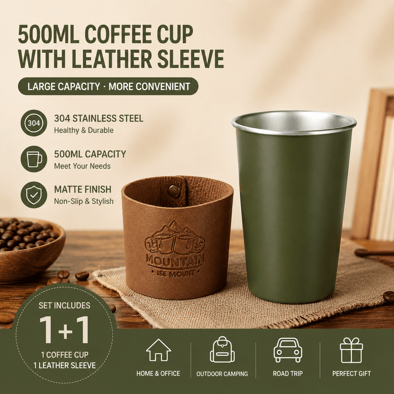 Green 304 Stainless Steel Camping Coffee Cup with Leather Sleeve - 500 ml
