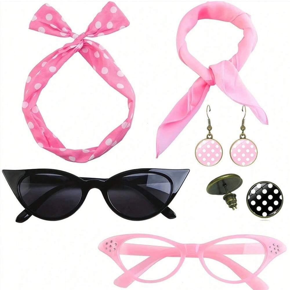 Pink 6 Piece Vintage Polka Dot Party Kit Accessories Set - 1950s Retro