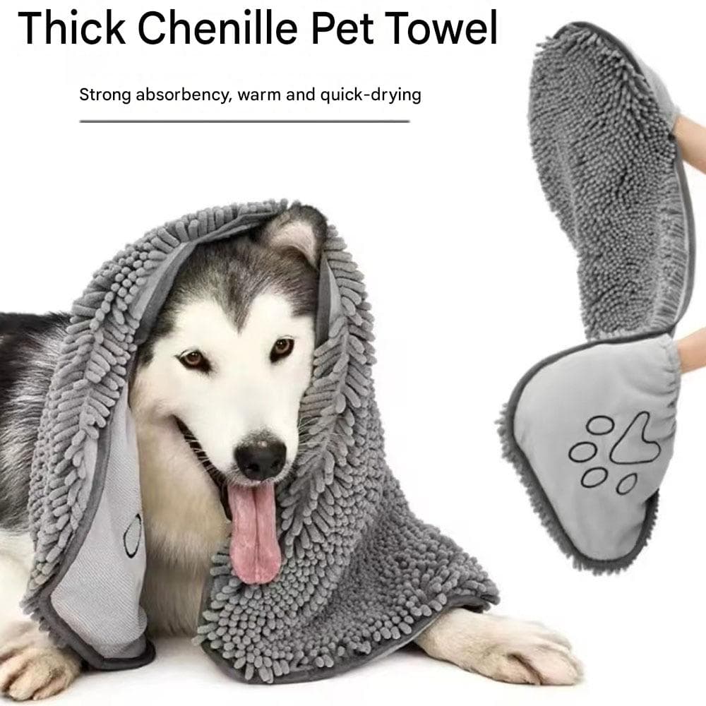 Yellow Chenille Pet Drying Towel with Dual Hand Pockets - Ultra Absorbent