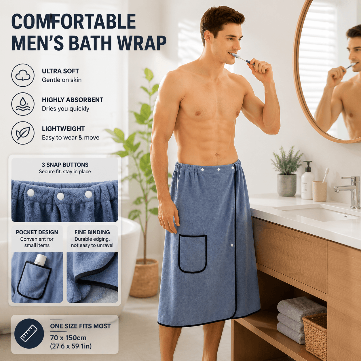Men's Bath Wrap Microfiber Quick Dry Absorbent Adjustable Snap - Navy Blue