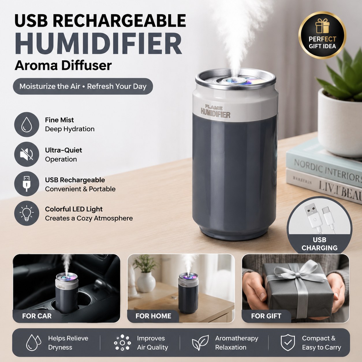 Dark Gray USB Rechargeable Humidifier Aroma Diffuser Mini Can Mist Maker