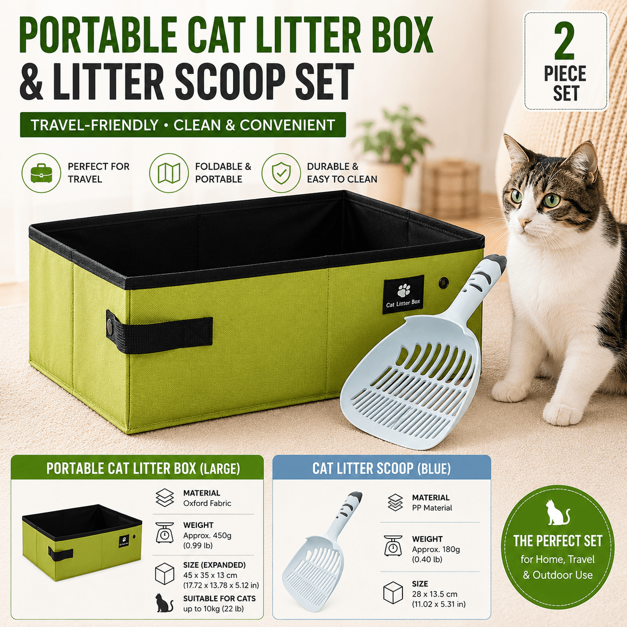 Travel Friendly Pet Toilet Kit - Green Portable - Green Portable Blue Oxford