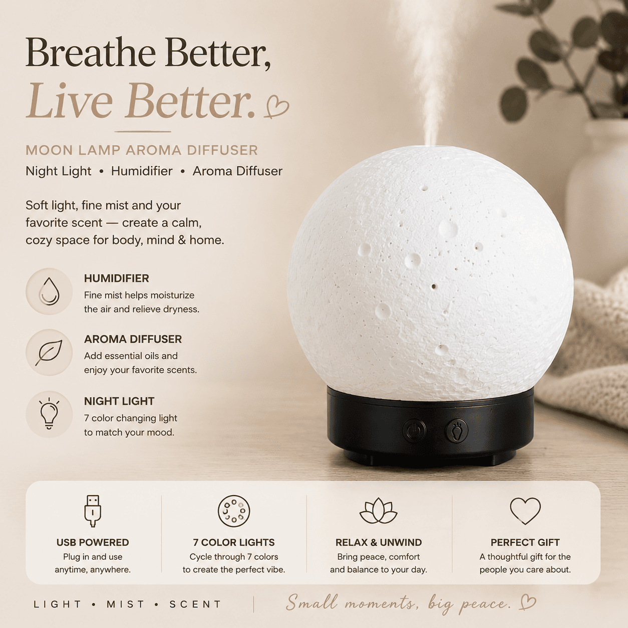 Moon Light Humidifier Aroma Diffuser (Black base) with LED - Essential Oil