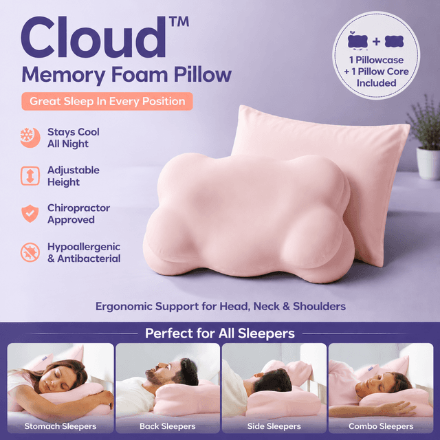 Pink Cloud Memory Foam Cervical Support Pillow Core - Size 60 × 30 × 10 cm