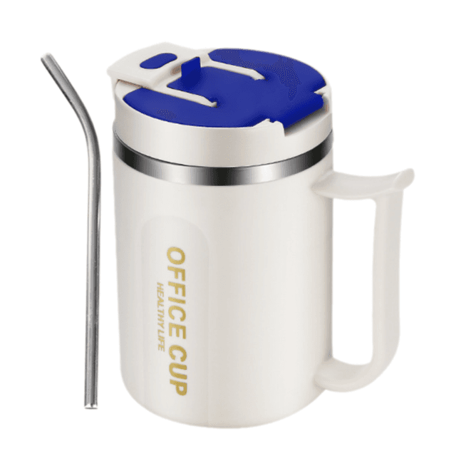White and Blue 16oz Stainless Steel Office Mug with Phone Stand Lid, Straw