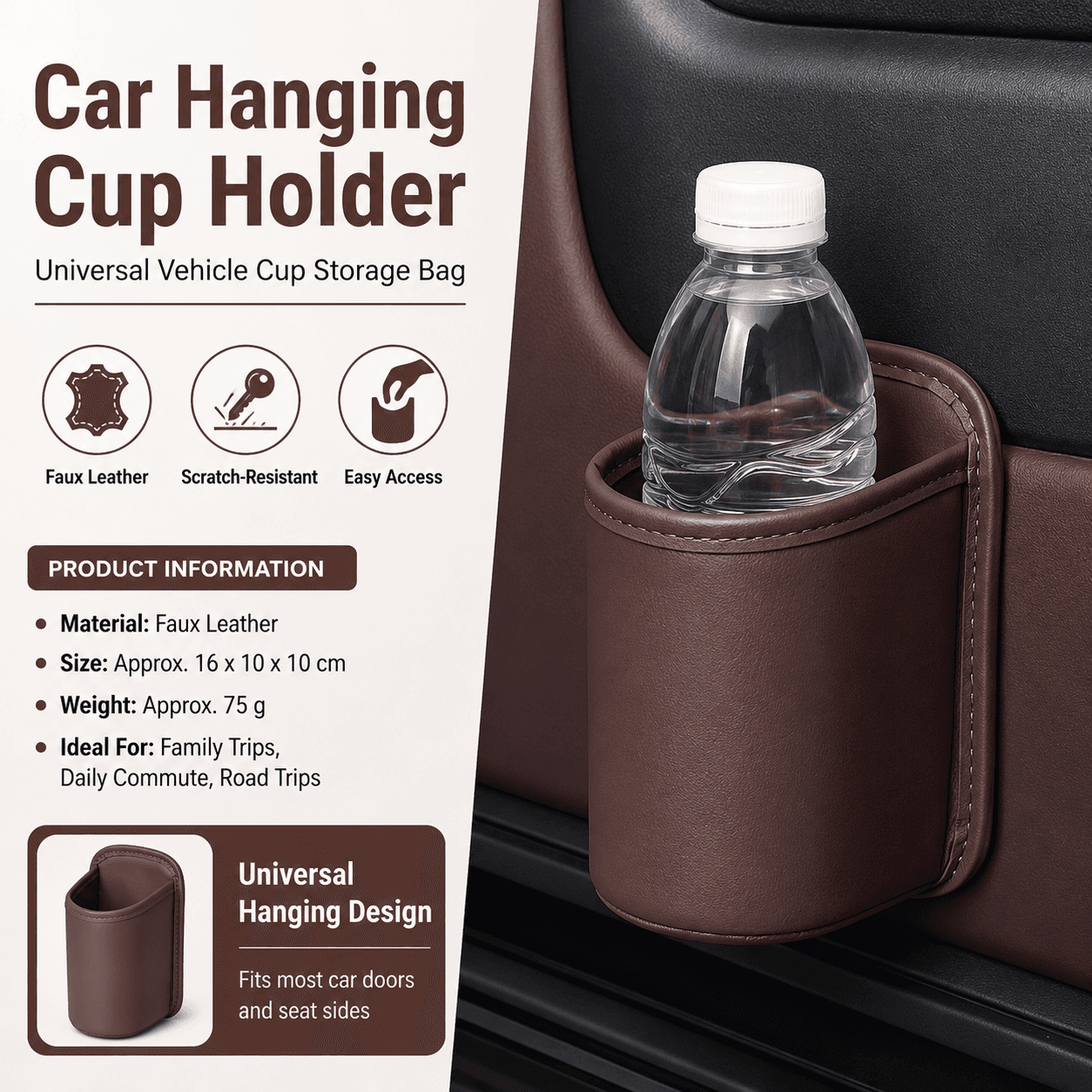 Brown Universal Car Door Cup Holder - PU Leather Hanging Storage Organizer