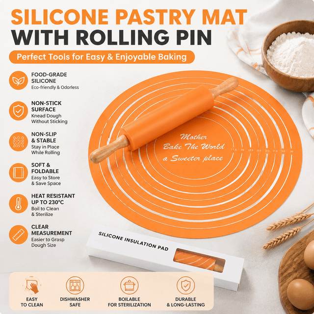 2-Piece Orange Nonstick Silicone Dough Mat and Rolling Pin - Non Slip Baking