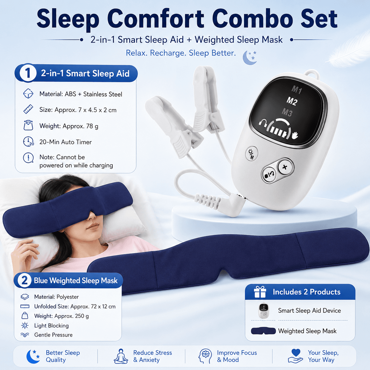 Home and Travel Sleep Aid Bundle - White Dual Mode CES Microcurrent - Blue