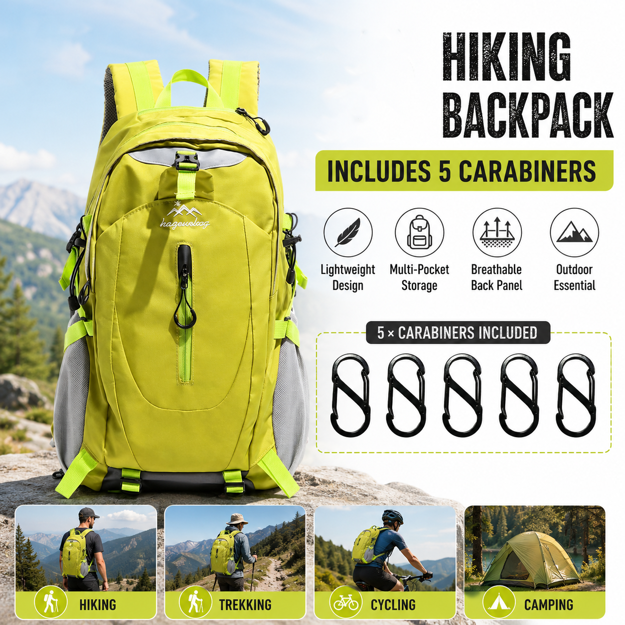 Fluorescent Green Hiking Backpack with 5 Carabiners Included - Lightweight