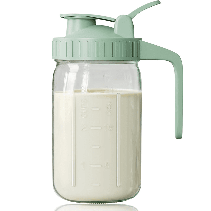 Green Glass Mason Jar Pitcher 32oz with Flip Lid Pour Spout Milk Jug