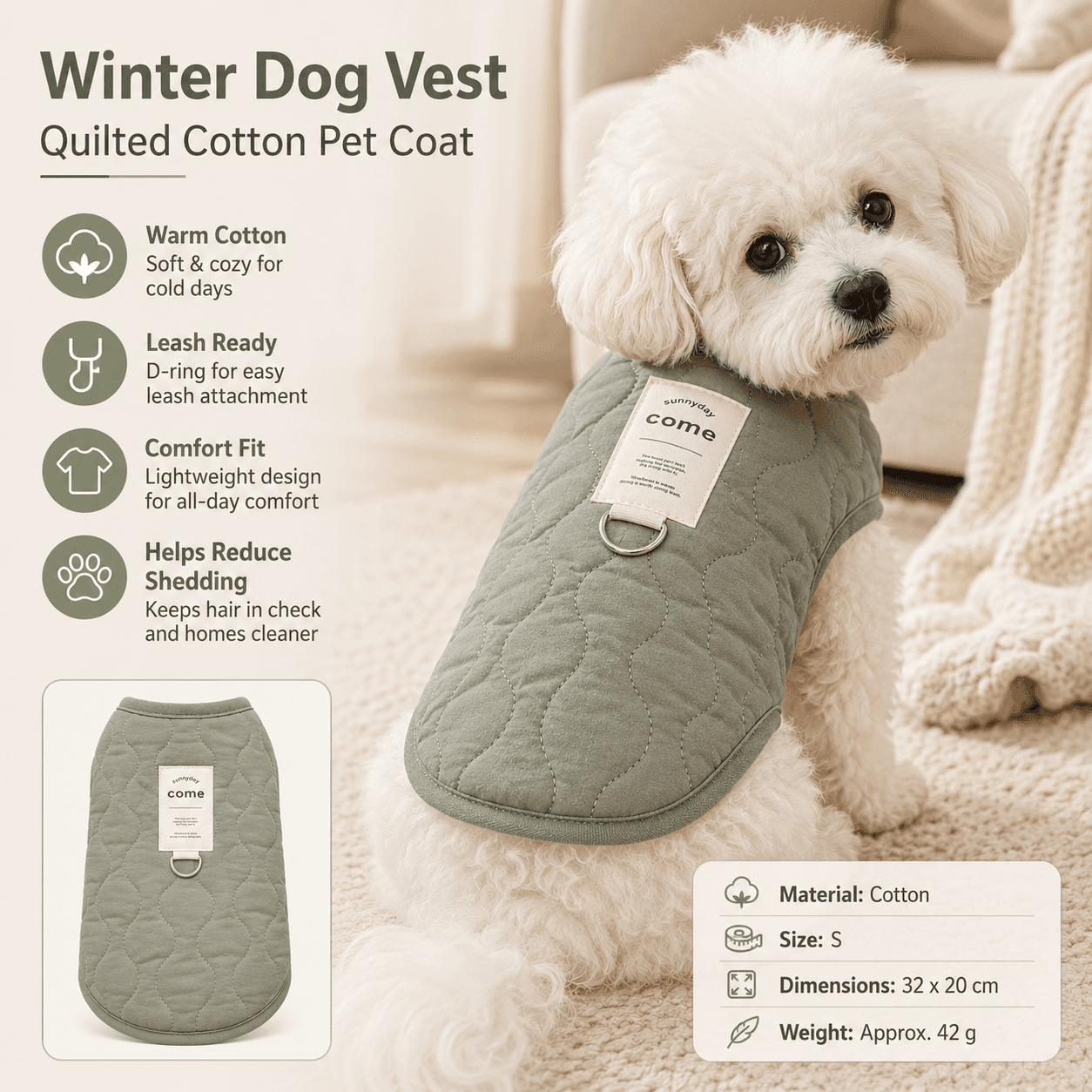 Green S Size 32 × 20 cm Fleece-lined thickened dog vest - Cotton Fleece