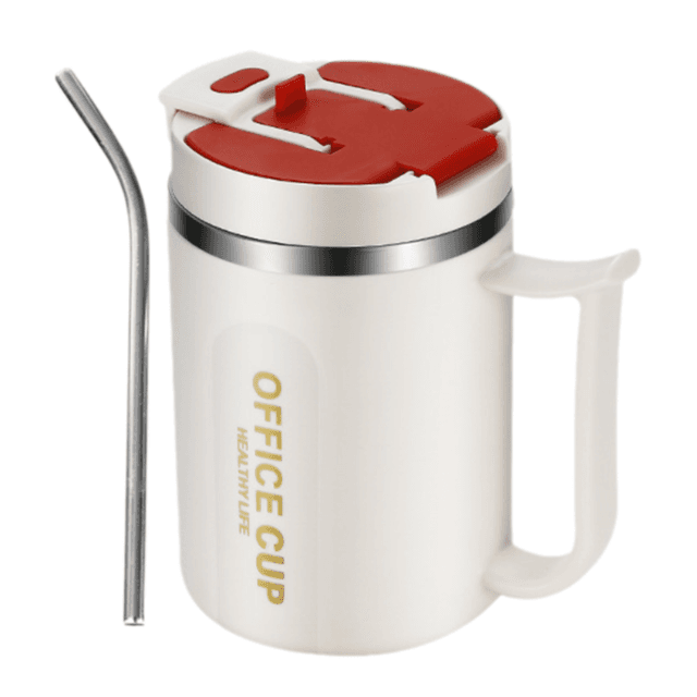 White and Red 16oz Stainless Steel Office Mug with Phone Stand Lid, Straw