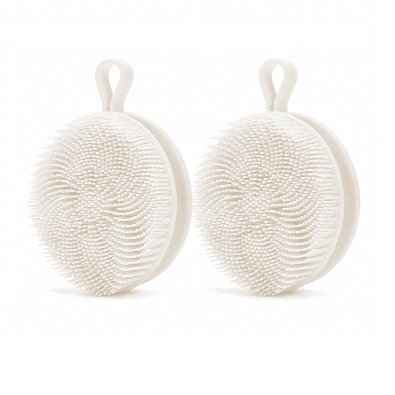 2-Piece White Double-Sided Silicone Body Scrubber - Dual-Texture Bath Brush