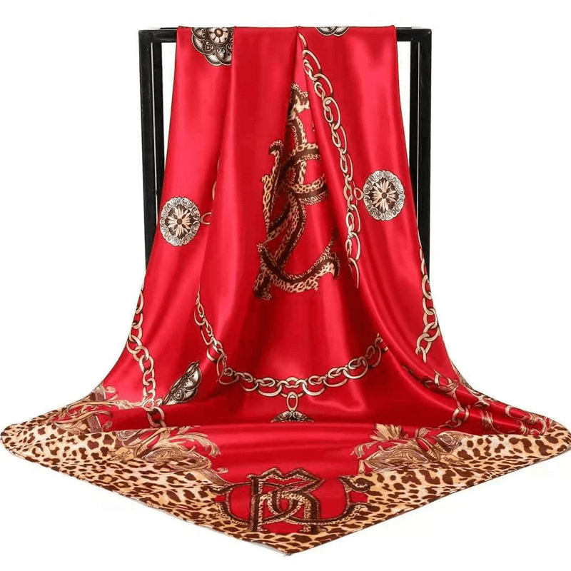 Red Leopard Print Chain Pattern 90 × 90 cm Satin Silk Scarf for Women