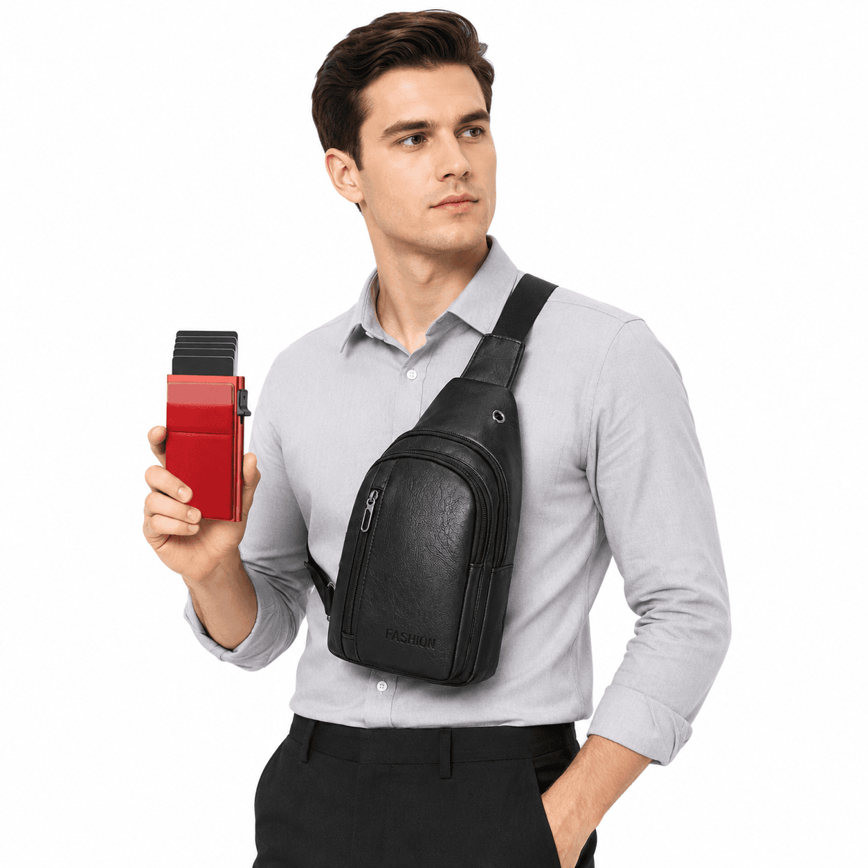 Office Commuter Business Set-Black Men's PU Leather Chest - Black and Red