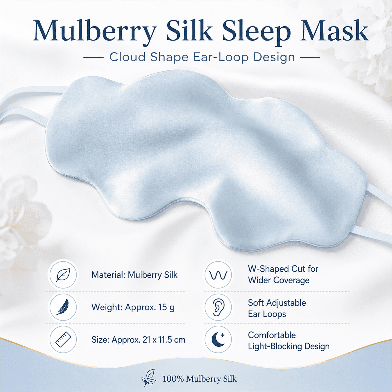 Blue Mulberry Silk Sleep Eye Mask - Cloud Shaped Blackout Blindfold