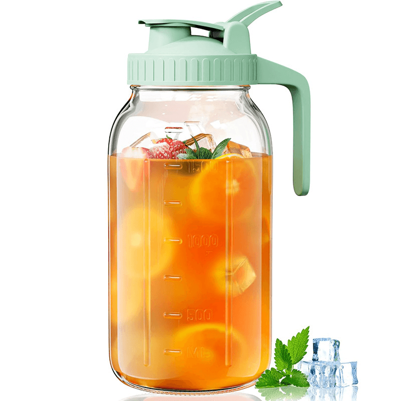 Green Glass Mason Jar Pitcher 64oz with Flip Lid Pour Spout Milk Jug