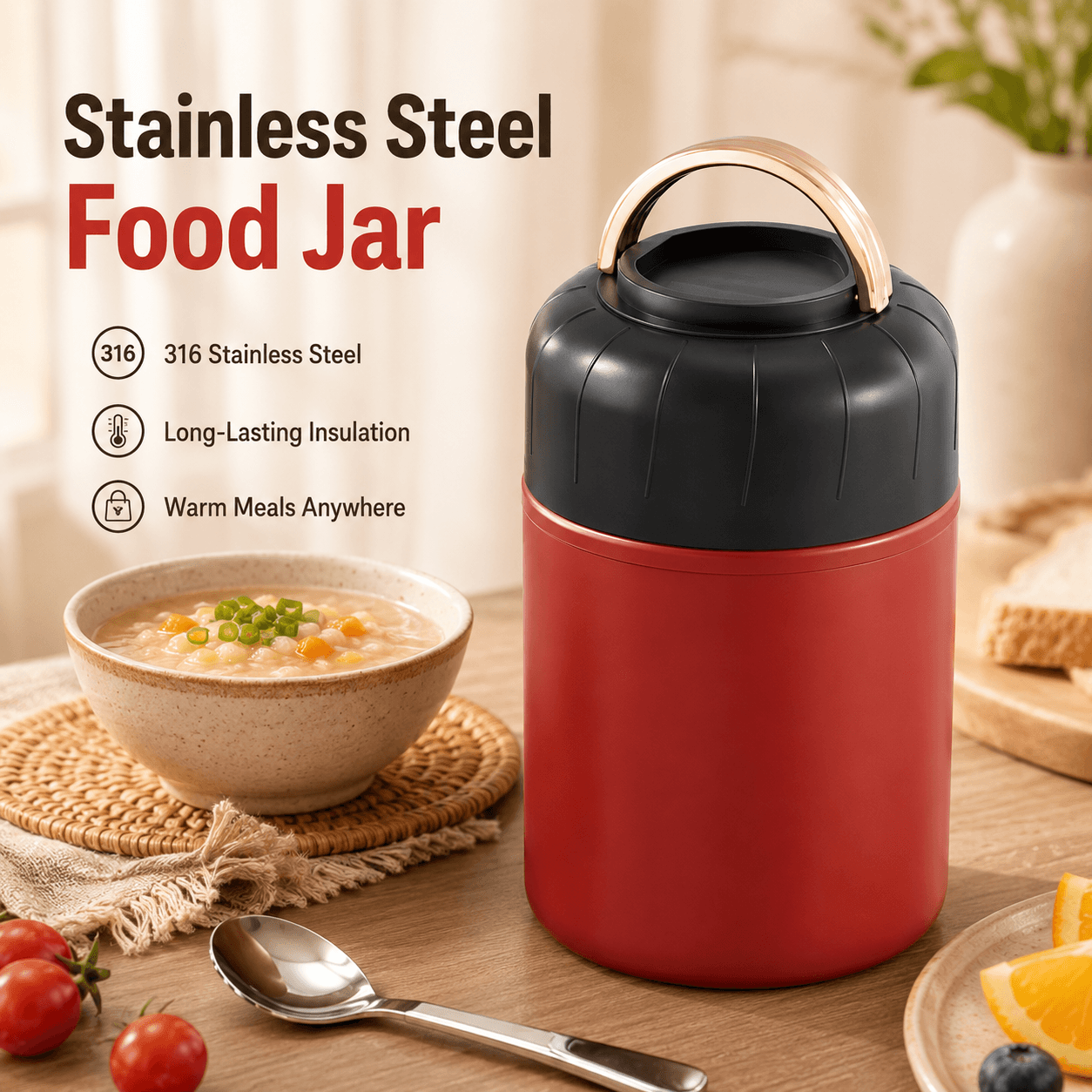 Red 500 ml Thermal Food Jar with Spoon Portable Insulated Lunch Container