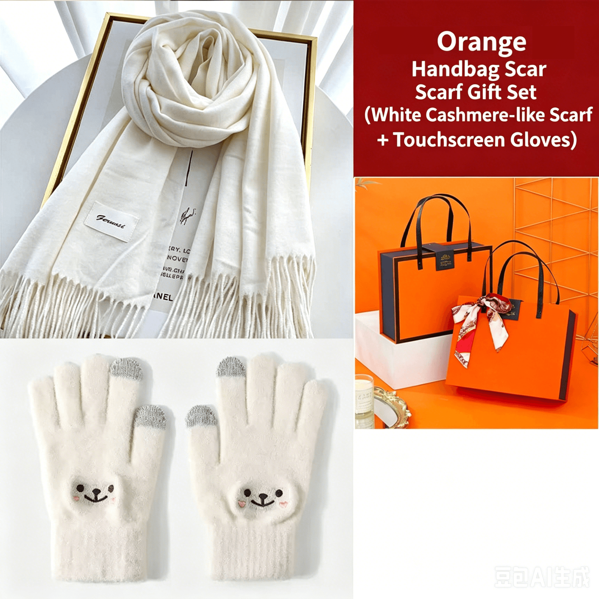 White Winter Cashmere-Like Scarf and Gloves Gift Set for Women - Solid Color