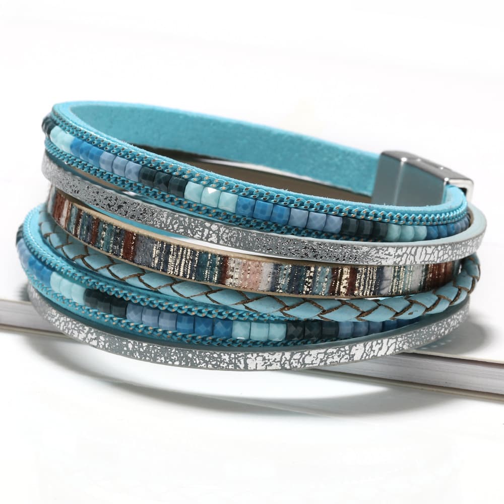 Blue Bohemian Multi-Layer Leather Bracelet for Women - PU Faux Leather