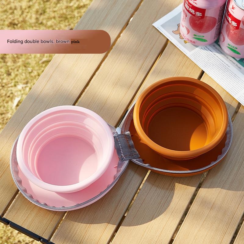 Brown and Pink Portable Collapsible Silicone Pet Bowl - Food Grade Silicone