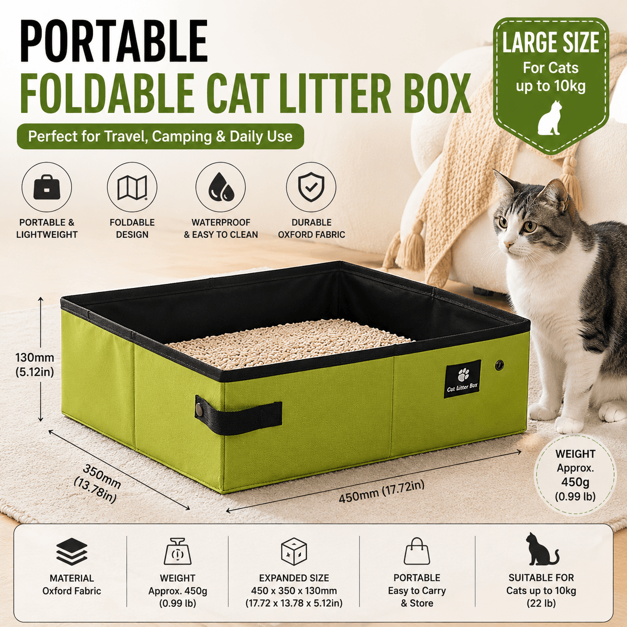 Green Large size Portable Foldable Cat Litter Box - Oxford Fabric