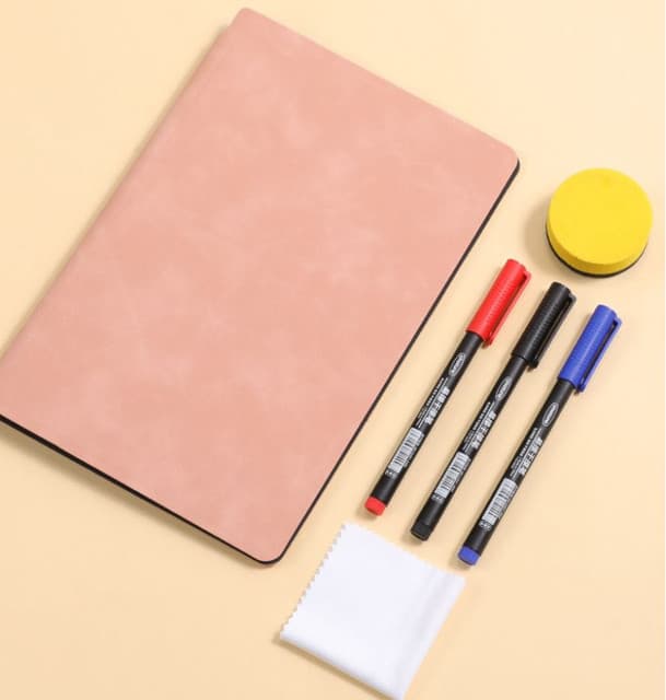 Pink A4 PU Leather Whiteboard Notebook with 3-Color Pens, Eraser & Cloth