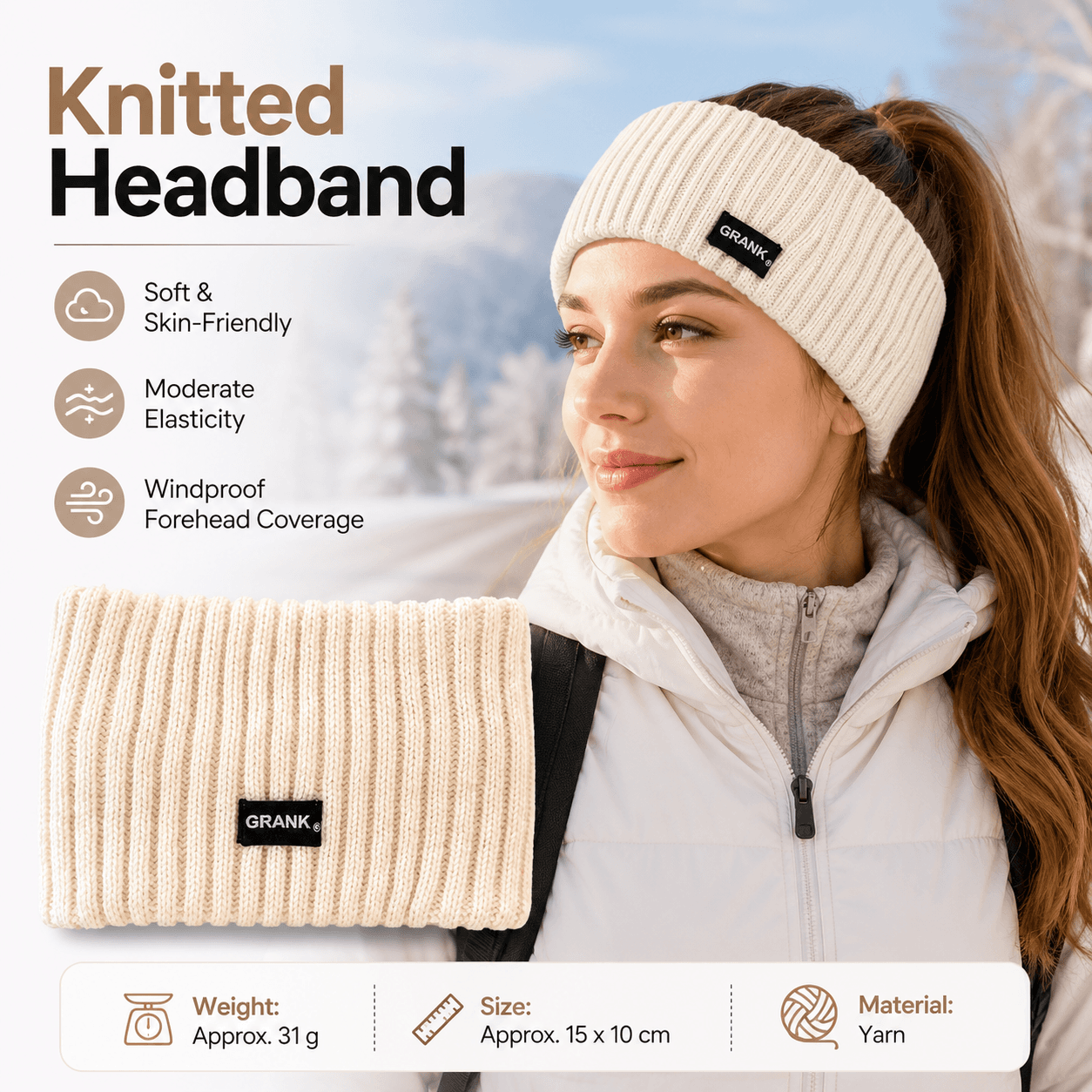 Beige Women's Knitted Headkerchief- Soft Yarn Wide Ear Warmer Head Wrap
