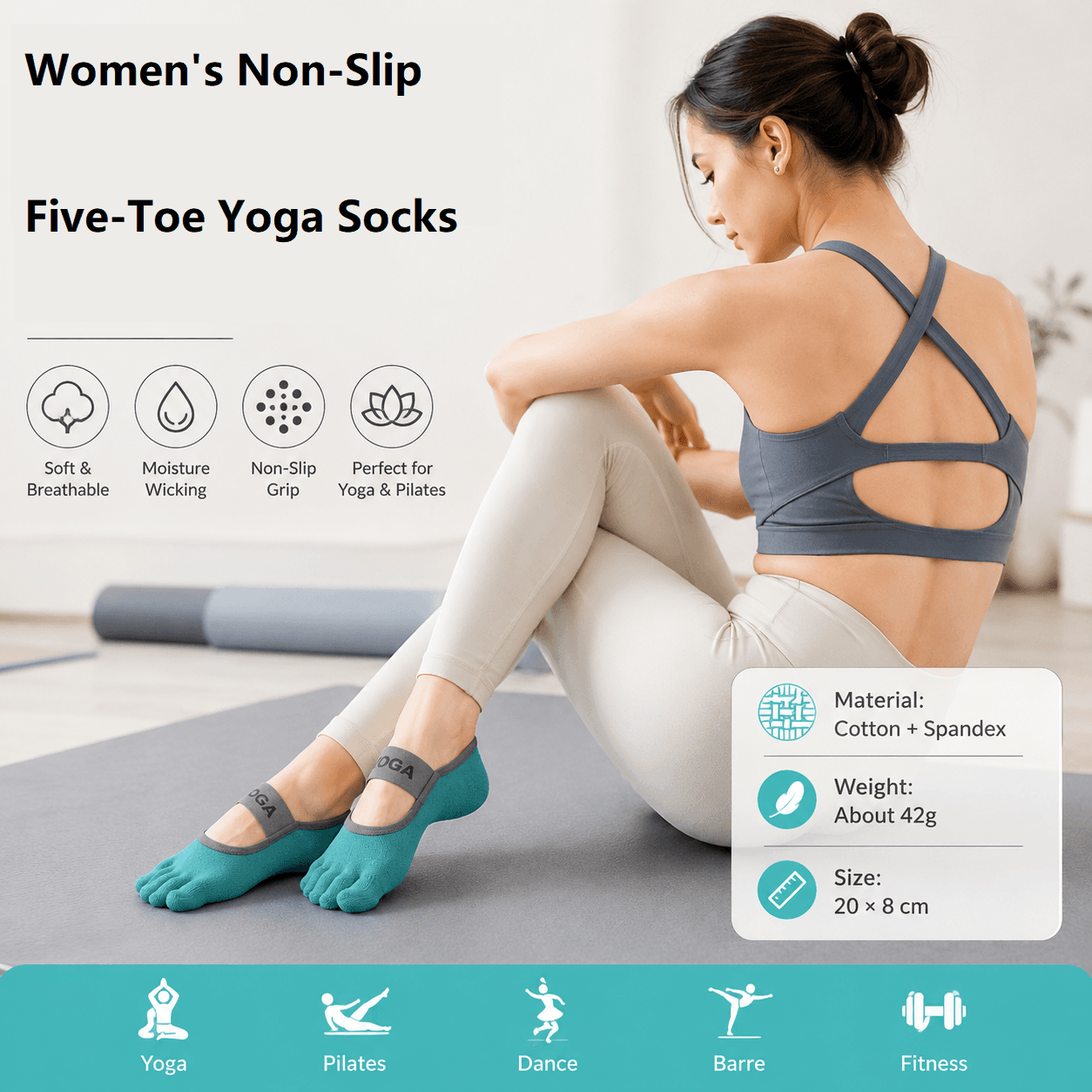 Green Non-Slip Five Toe Yoga Socks - Cotton Blend with PVC Grip Dots