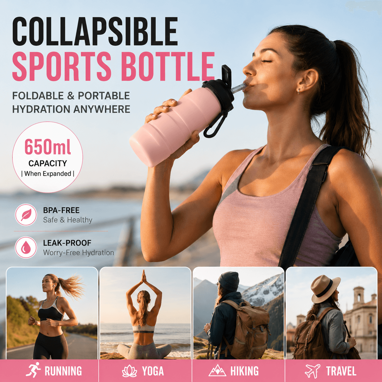 Pink Collapsible Silicone Water Bottle - 650 ml Foldable Travel Bottle