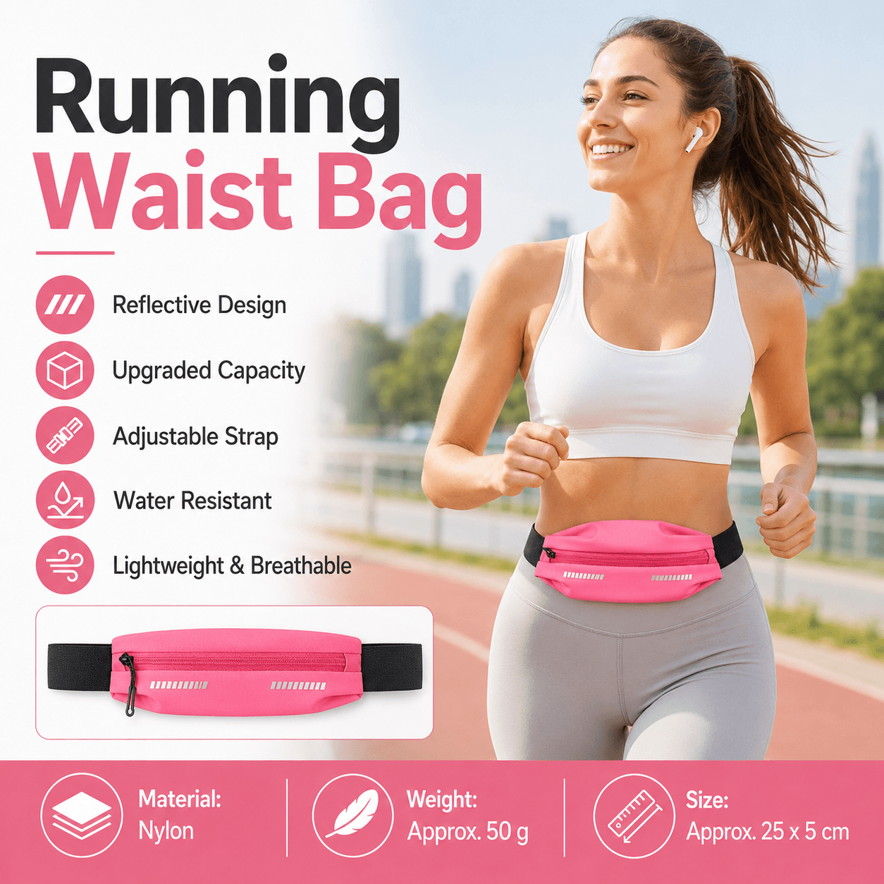 Pink Running Waist Belt - High Stretch Nylon Sports Fanny Pack
