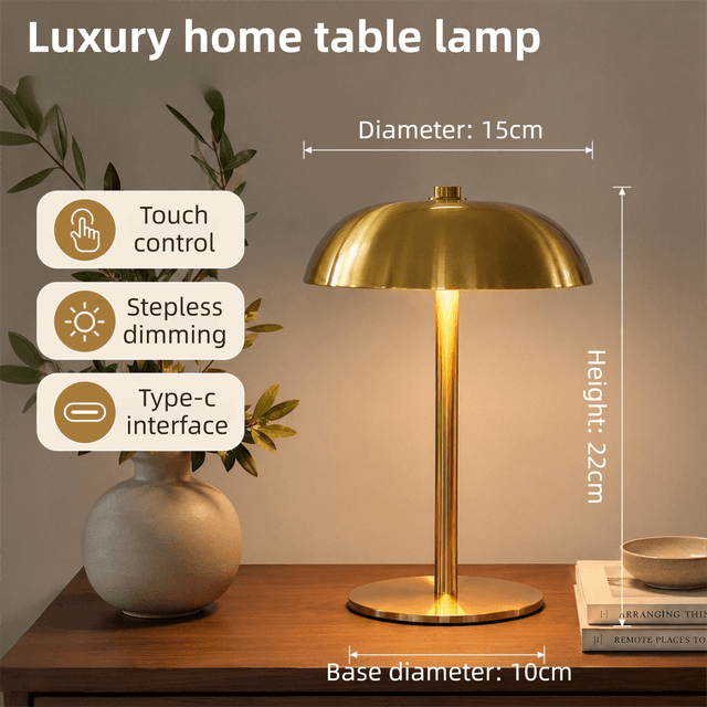 Gold Metal Mushroom Table Lamp with Top Touch Control, 3 Colour Mode