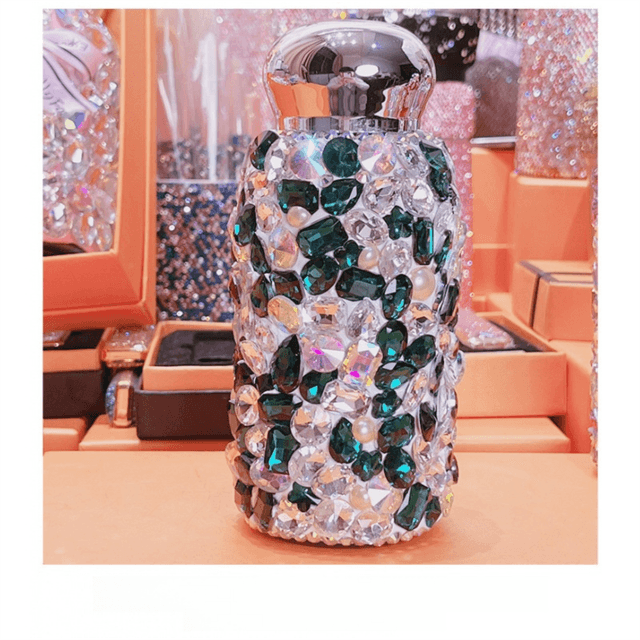 Green Square Crystal Handmade Diamond Insulated Water Bottle - 260 ml