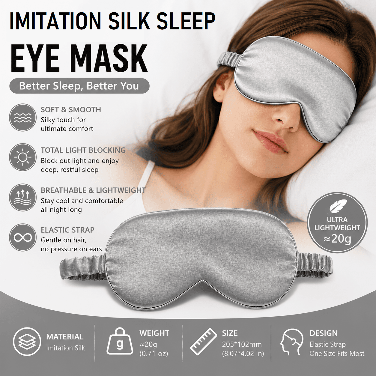 Grey Imitation Silk Sleep Eye Mask - Soft Breathable Light Blocking Design