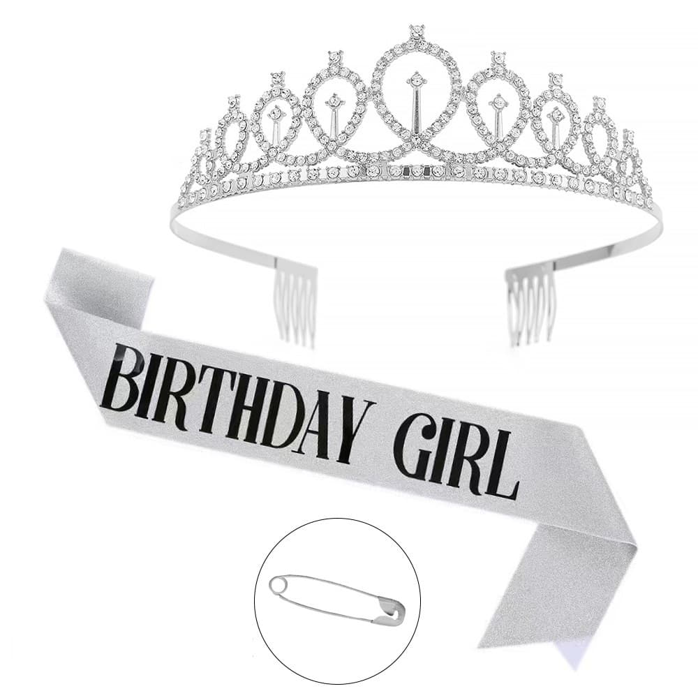 2-piece Silvery Birthday Girl Tiara and Sash Set - Rhinestone Alloy Crown