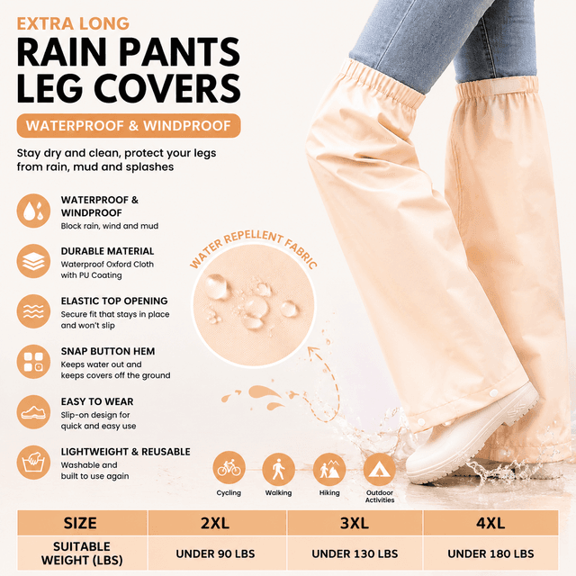 Beige Waterproof Rain Leg Covers and Long Half Rain Pants - 1-Pair 3XL