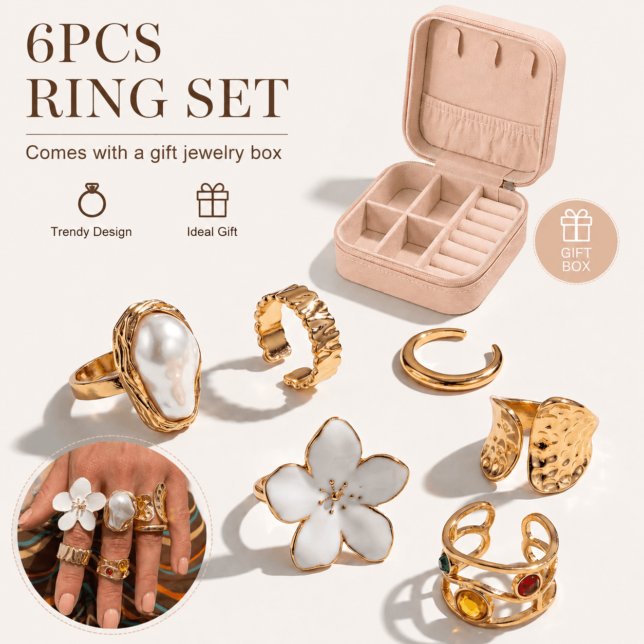6 Piece Baroque Pearl Flower Ring Set with Gift Jewelry Box - Adjustable