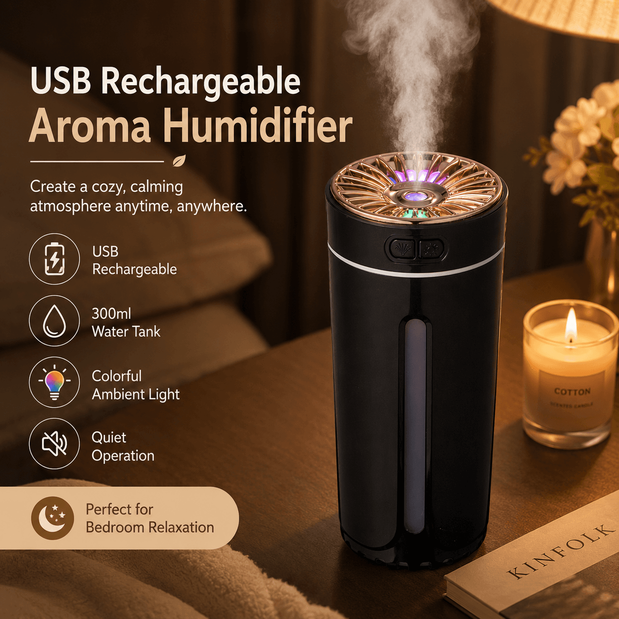 Black USB Rechargeable Car Aroma Diffuser Humidifier with Ambient Light, 300