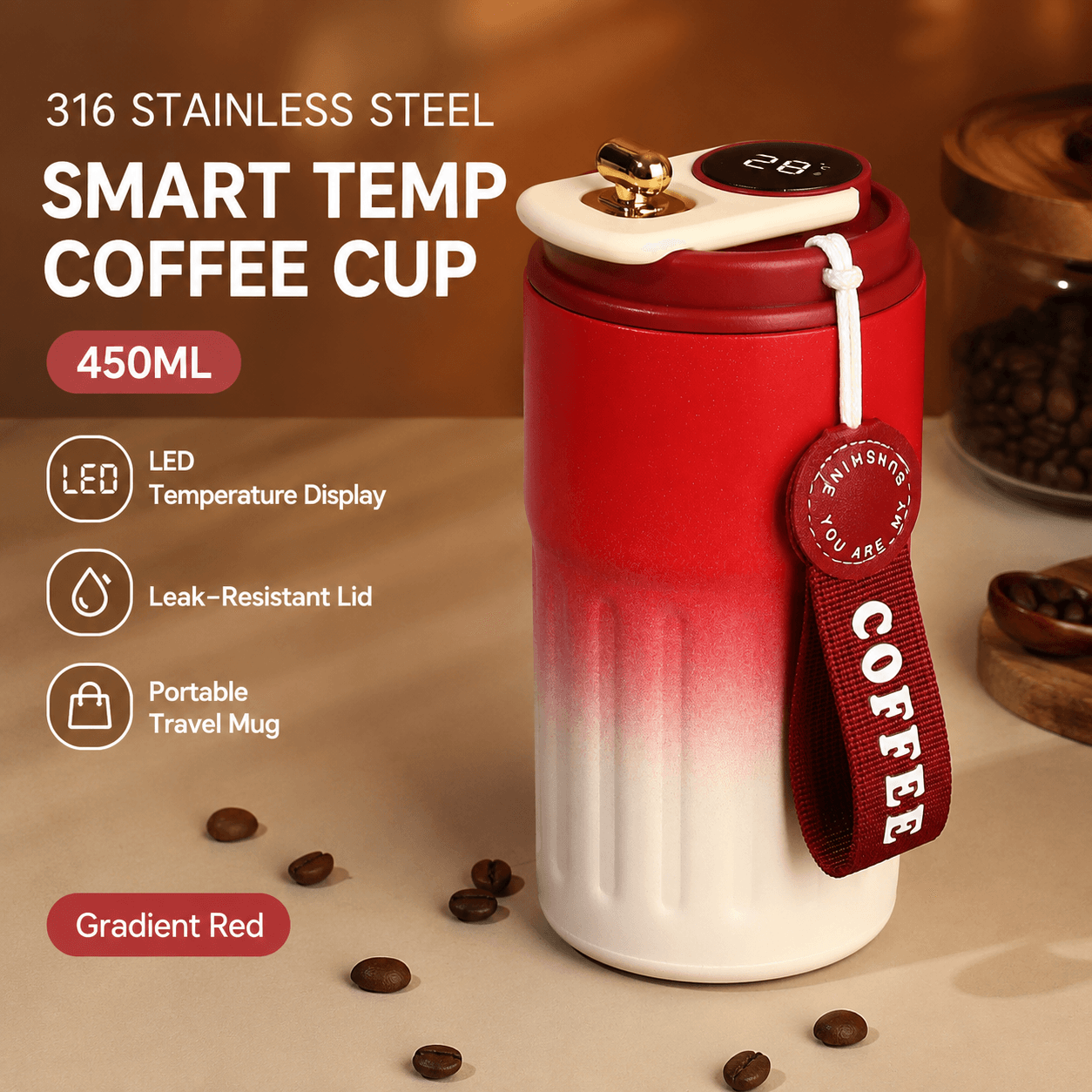 Smart Coffee Tumbler (Gradient red) 450 ml Vacuum Insulated Travel Mugwith