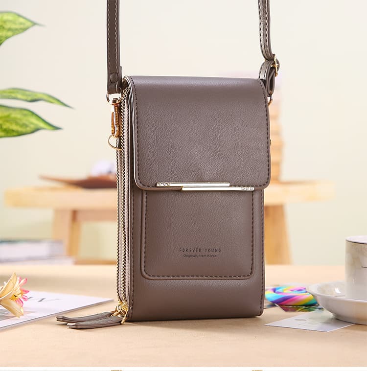 Gray Touch Screen Phone Wallet Crossbody Bag for Women Vertical PU Leather