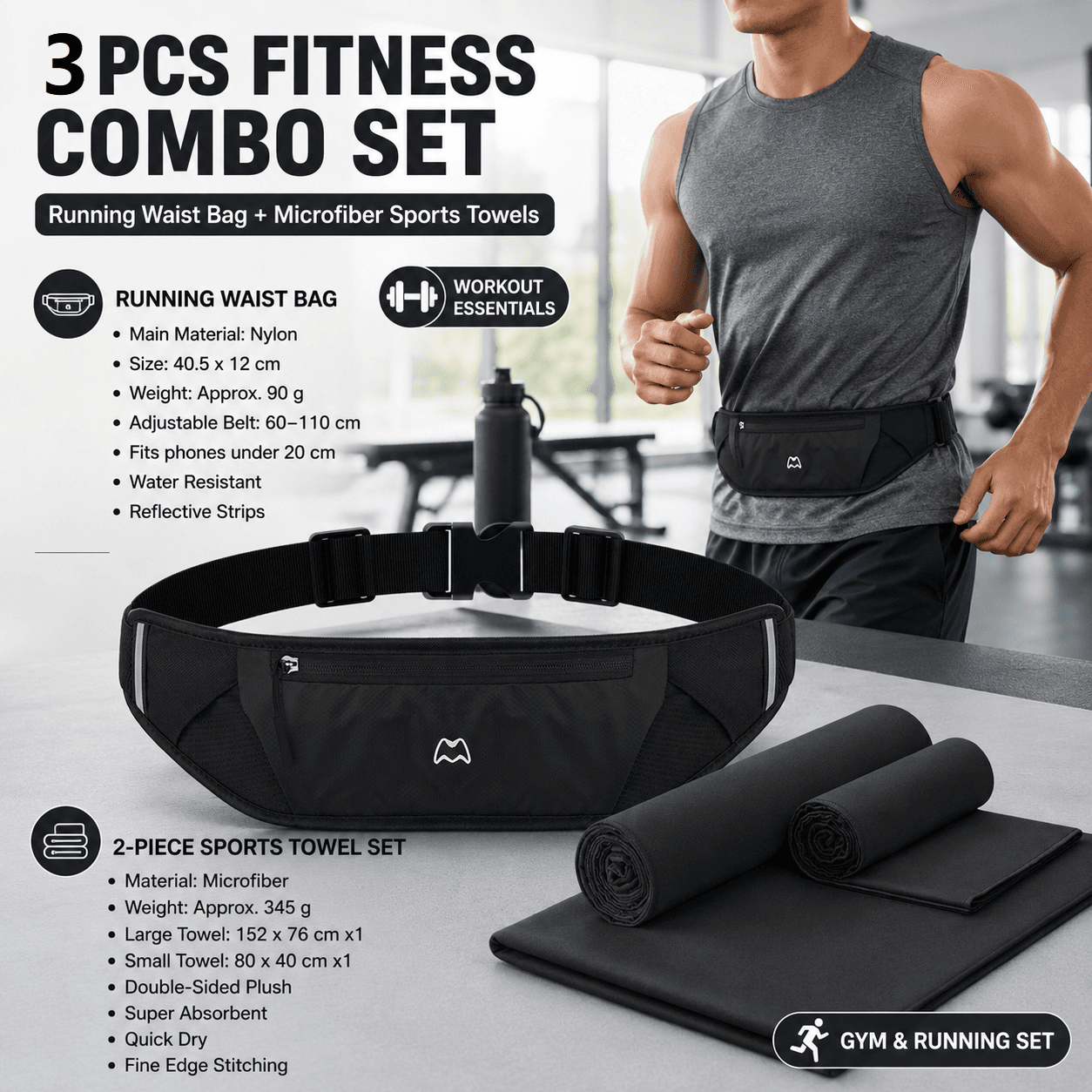 Dry and Breathable Sports combination-Black Running Waist Belt and Black 152