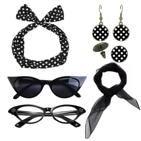 Black 6 Piece Vintage Polka Dot Party Kit Accessories Set - 1950s Retro