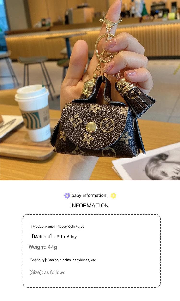 Brown Mini PU Leather Coin Pouch with Tassel Keychain - Printed Pattern