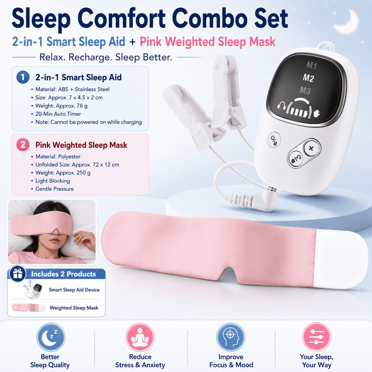 Home and Travel Sleep Aid Bundle - White Dual Mode CES Microcurrent - Pink