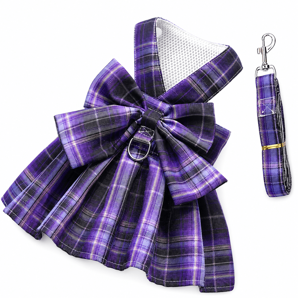 Dark Purple Plaid Pet Harness Dress with Leash for Small Dogs and Cats S
