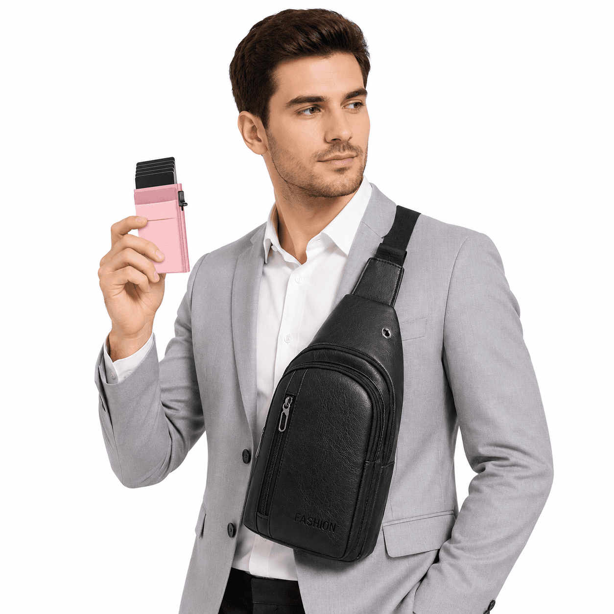 Office Commuter Business Set-Black Men's PU Leather Chest - Black and Pink